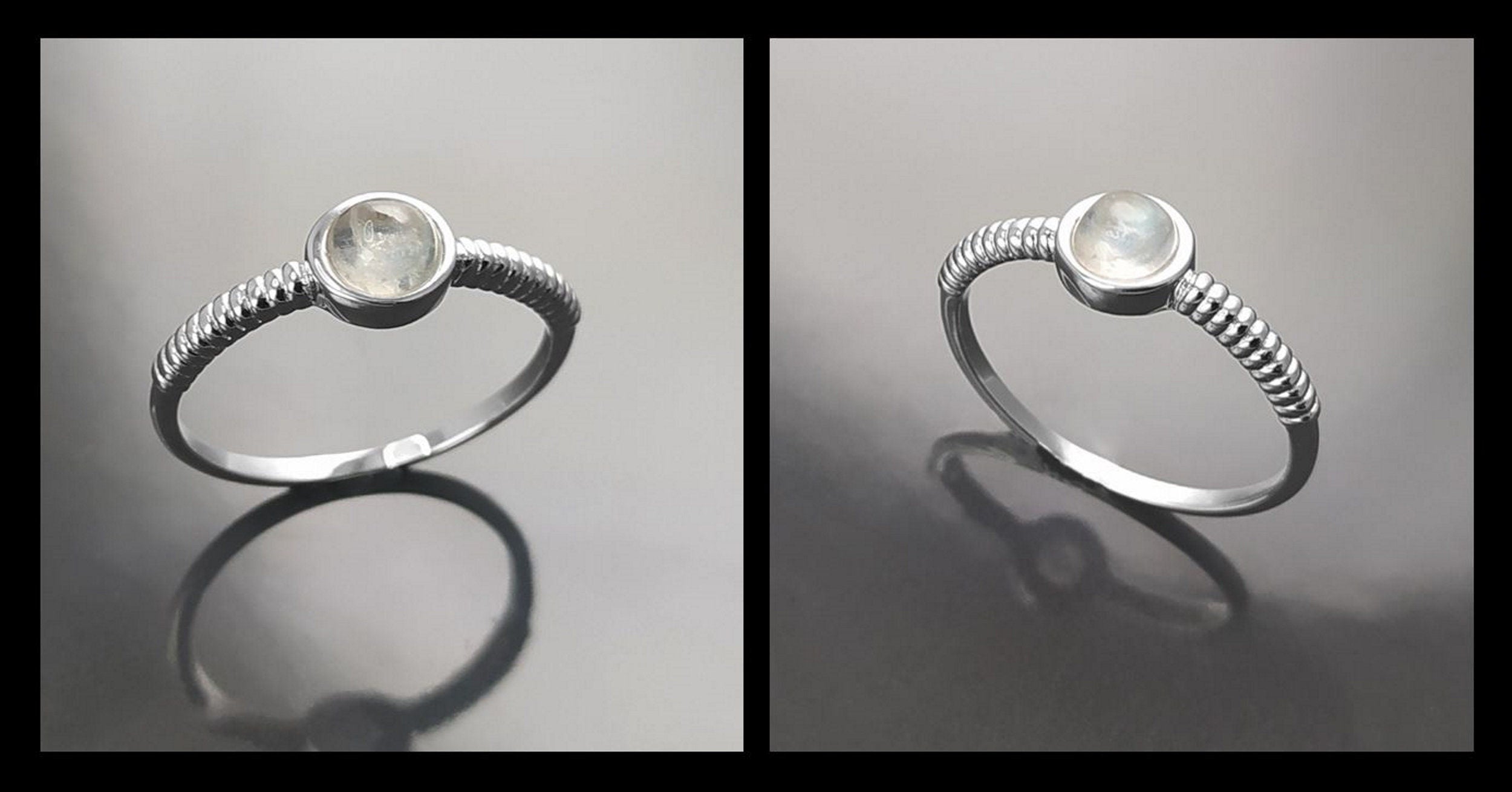 925 Round Moonstone Ring, Sterling Silver, Rainbow Gemstone, Small Domed Stone, Modern Ethnic Chic Braided Band Shank, Casual Style Jewelry