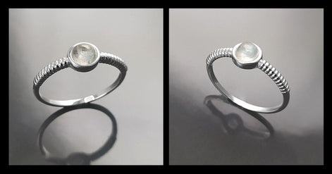 925 Round Moonstone Ring, Sterling Silver, Rainbow Gemstone, Small Domed Stone, Modern Ethnic Chic Braided Band Shank, Casual Style Jewelry