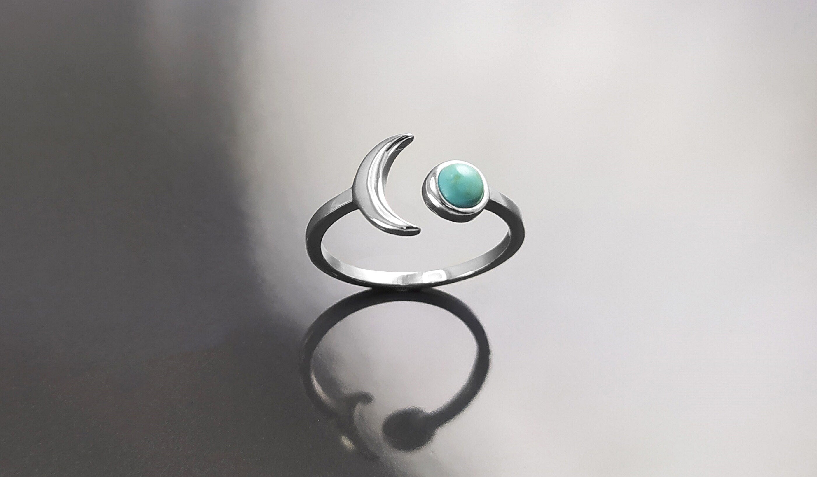 Turquoise Crescent Moon Ring, Sterling Silver, Boho Chakra Stellar Cosmic Jewelry, Lunar Open Ring, Celestial Round Blue Stone Ring