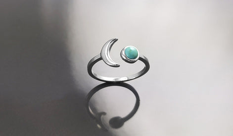 Turquoise Crescent Moon Ring, Sterling Silver, Boho Chakra Stellar Cosmic Jewelry, Lunar Open Ring, Celestial Round Blue Stone Ring