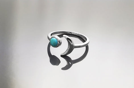 Turquoise Crescent Moon Ring, Sterling Silver, Boho Chakra Stellar Cosmic Jewelry, Lunar Open Ring, Celestial Round Blue Stone Ring