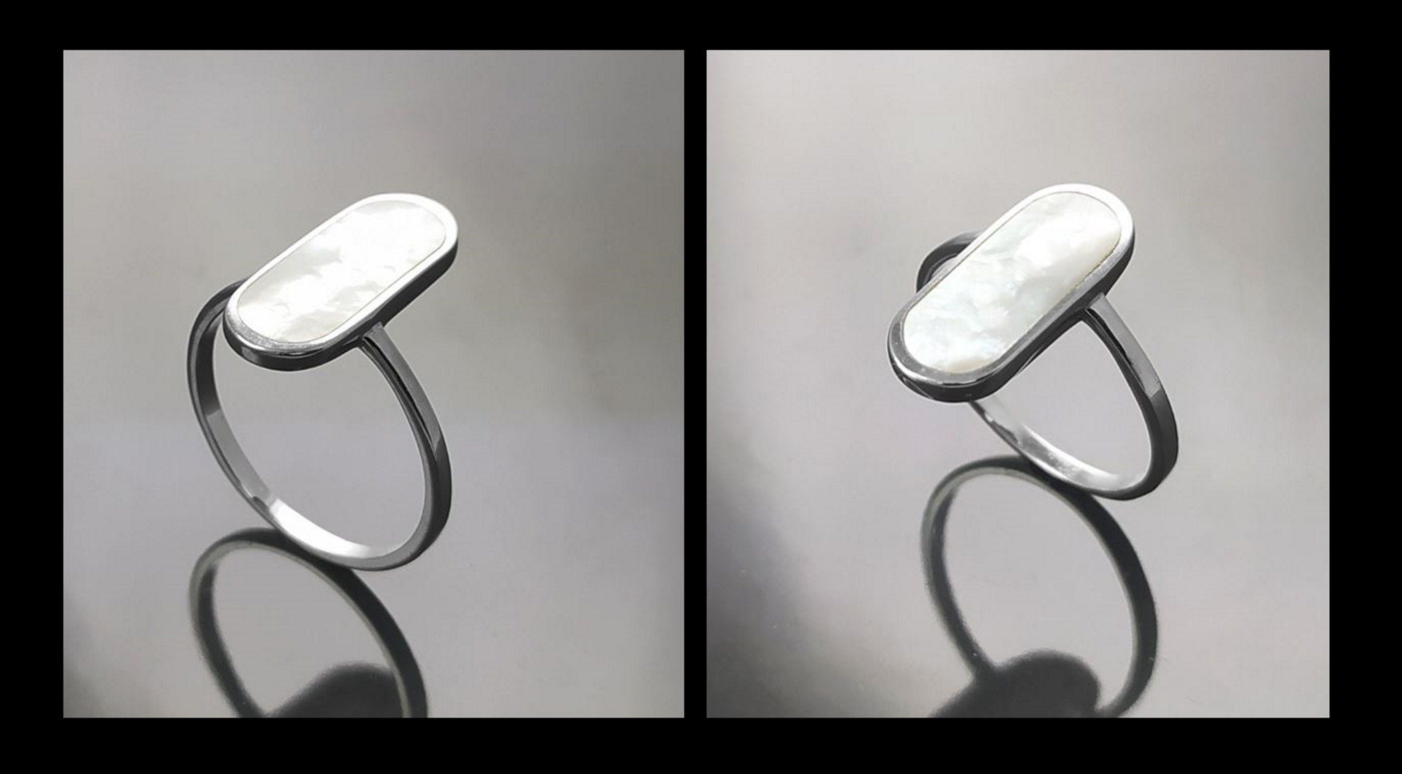 Bague Nacre Ovale Plate Argent 925, véritable Nacre Perlière ovale reflets irisés, bijoux pour tous les jours, style minimaliste moderne