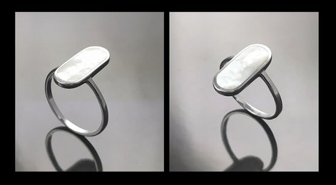 Bague Nacre Ovale Plate Argent 925, véritable Nacre Perlière ovale reflets irisés, bijoux pour tous les jours, style minimaliste moderne