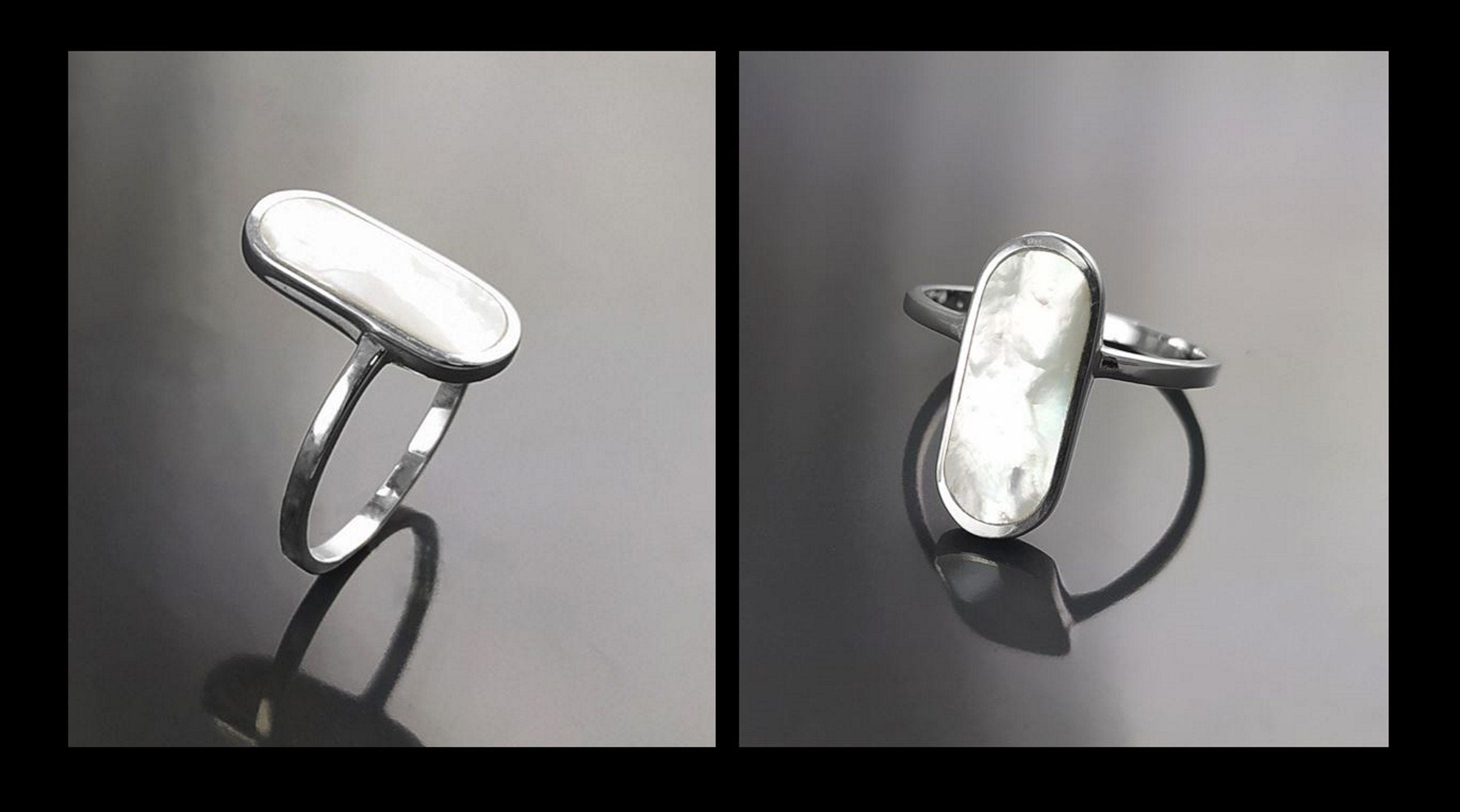Bague Nacre Ovale Plate Argent 925, véritable Nacre Perlière ovale reflets irisés, bijoux pour tous les jours, style minimaliste moderne