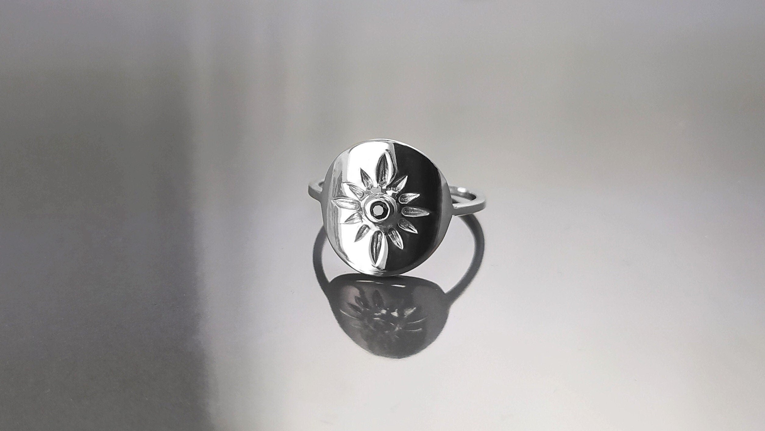 Boho Sun Ring, Sterling Silver, day star, Black Cz Stone, Celestial luminary body symbol, Solar energy protection amulet, summer jewelry