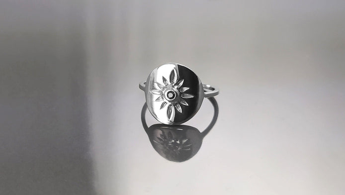 Boho Sun Ring, Sterling Silver, day star, Black Cz Stone, Celestial luminary body symbol, Solar energy protection amulet, summer jewelry
