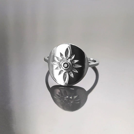 Boho Sun Ring, Sterling Silver, day star, Black Cz Stone, Celestial luminary body symbol, Solar energy protection amulet, summer jewelry