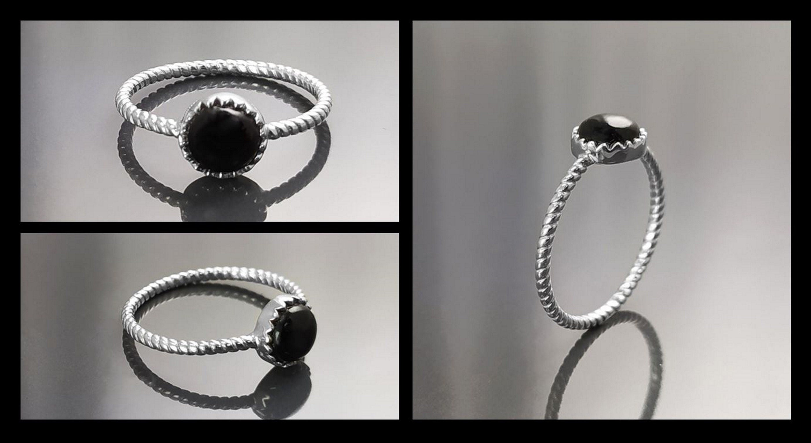 925 Black Round Ring , Sterling Silver, Genuine Black Onyx Domed Stone, Boho Braided Band Ring, Minimalist Everyday Style jewelry