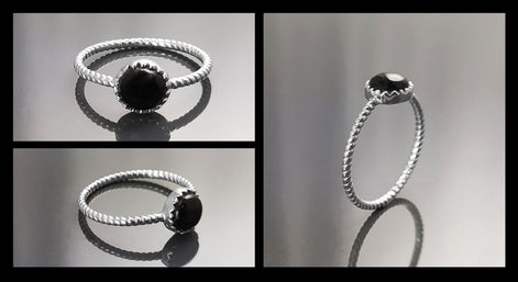 925 Black Round Ring , Sterling Silver, Genuine Black Onyx Domed Stone, Boho Braided Band Ring, Minimalist Everyday Style jewelry