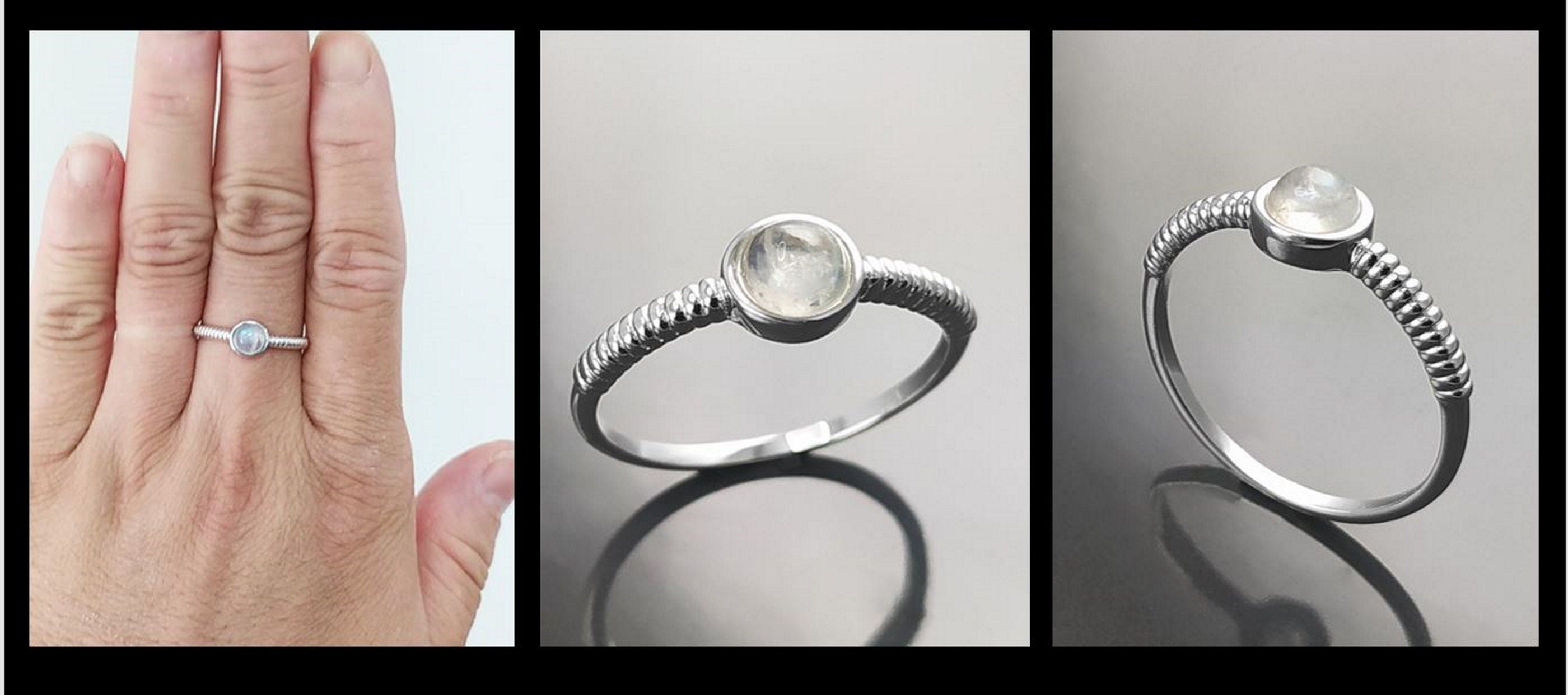 925 Round Moonstone Ring, Sterling Silver, Rainbow Gemstone, Small Domed Stone, Modern Ethnic Chic Braided Band Shank, Casual Style Jewelry