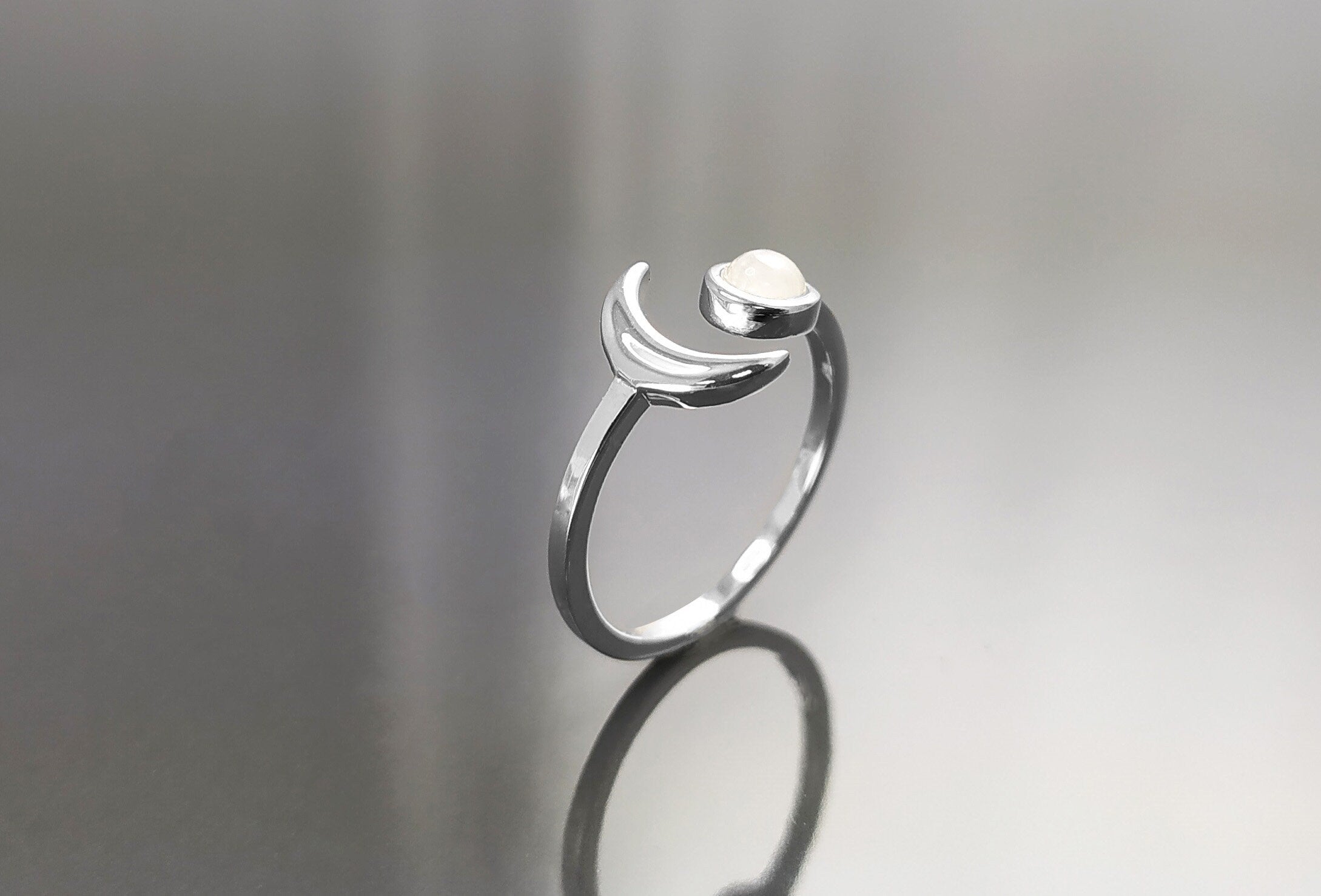 Crescent Moon Ring, Sterling Silver, Genuine Moonstone Gemstone, Boho Chakra Stellar Cosmic Jewelry, Lunar Open Ring, Celestial Round Stone