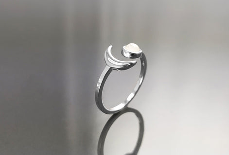 Crescent Moon Ring, Sterling Silver, Genuine Moonstone Gemstone, Boho Chakra Stellar Cosmic Jewelry, Lunar Open Ring, Celestial Round Stone