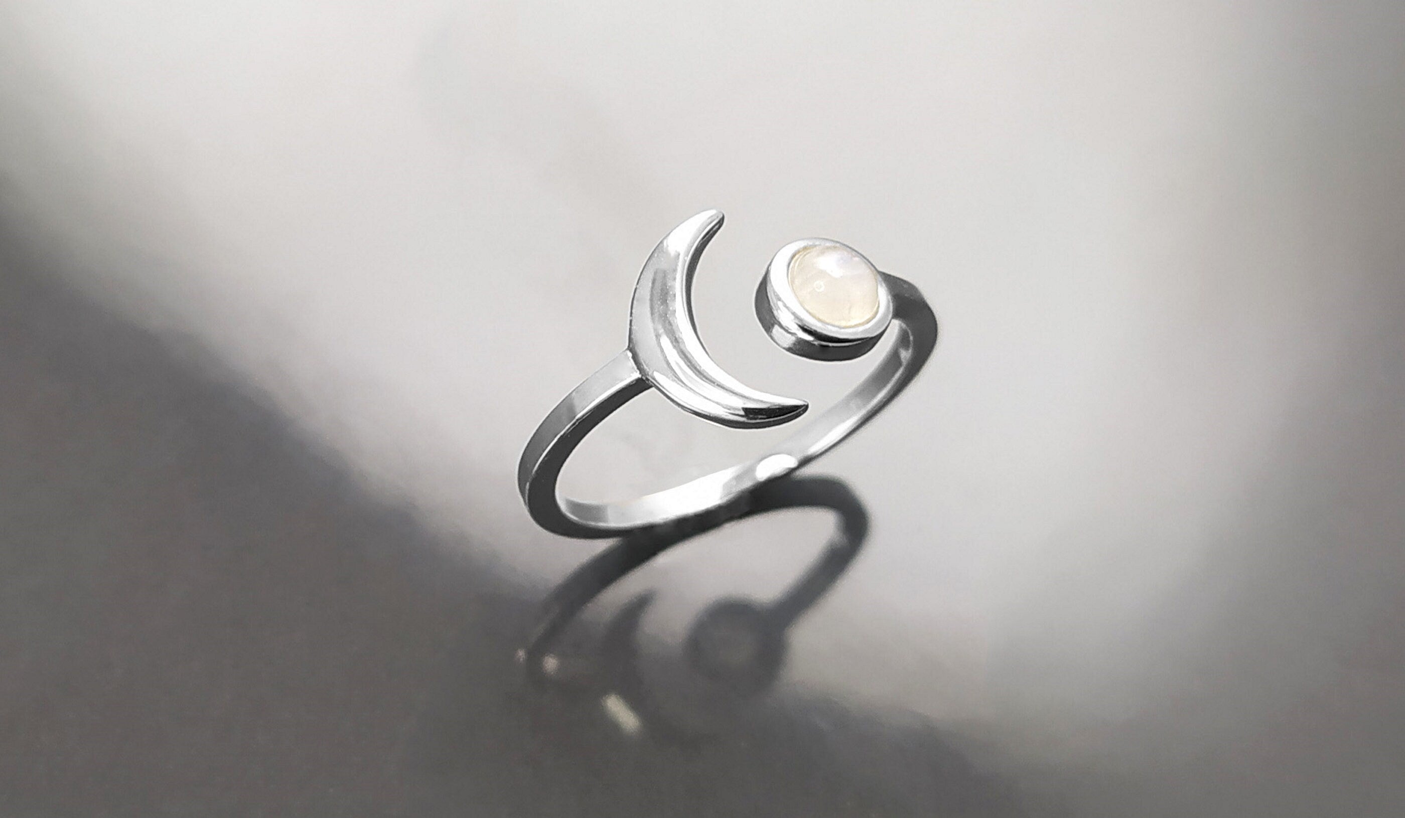 Crescent Moon Ring, Sterling Silver, Genuine Moonstone Gemstone, Boho Chakra Stellar Cosmic Jewelry, Lunar Open Ring, Celestial Round Stone