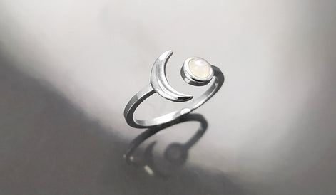 Crescent Moon Ring, Sterling Silver, Genuine Moonstone Gemstone, Boho Chakra Stellar Cosmic Jewelry, Lunar Open Ring, Celestial Round Stone