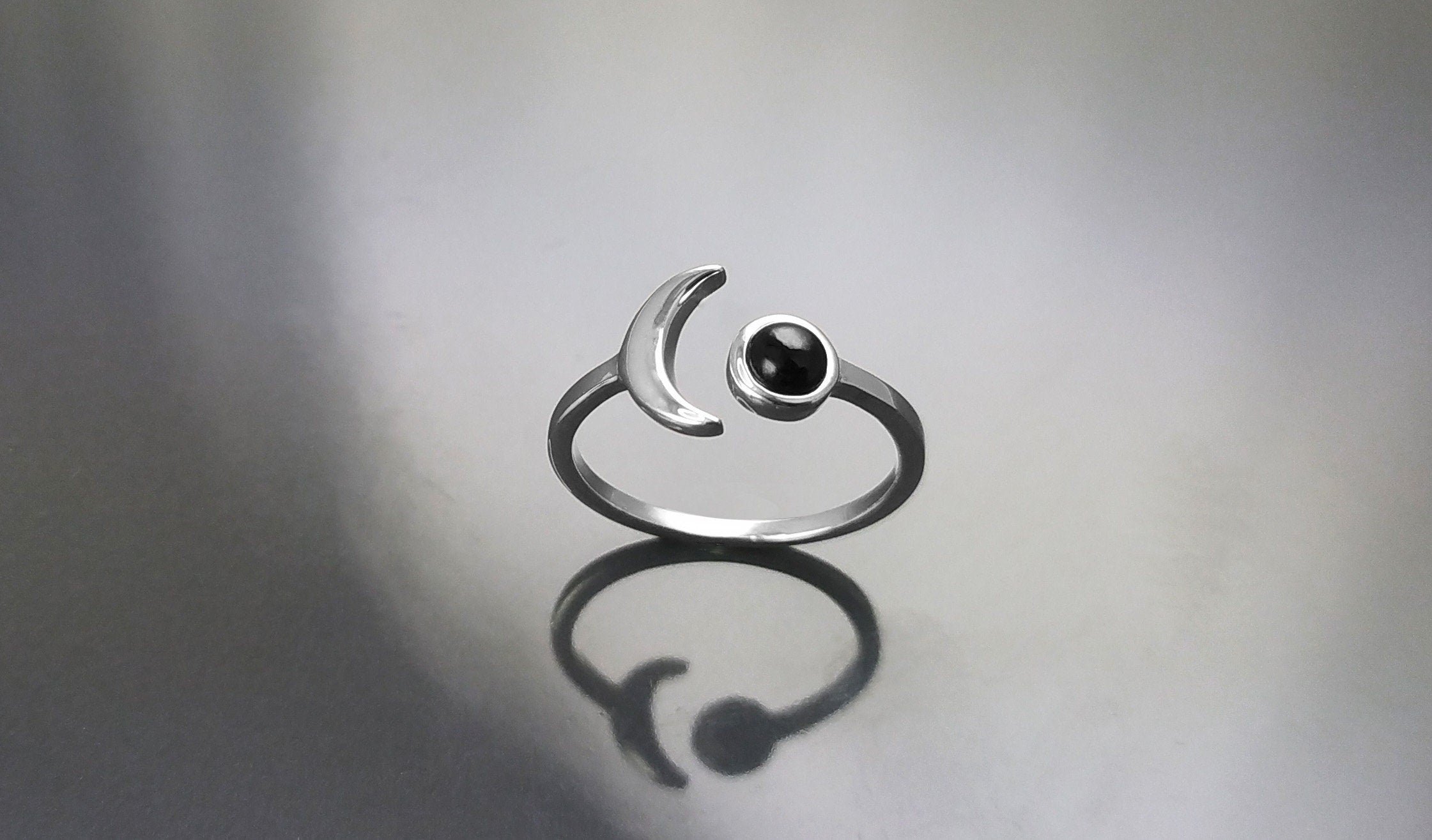 Crescent Moon Ring, Sterling Silver, Boho Chakra Stellar Cosmic Jewelry, Lunar Open Ring, Celestial Round Stone, Genuine Black Onyx Gemstone