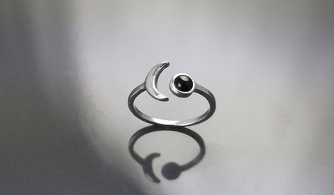 Crescent Moon Ring, Sterling Silver, Boho Chakra Stellar Cosmic Jewelry, Lunar Open Ring, Celestial Round Stone, Genuine Black Onyx Gemstone