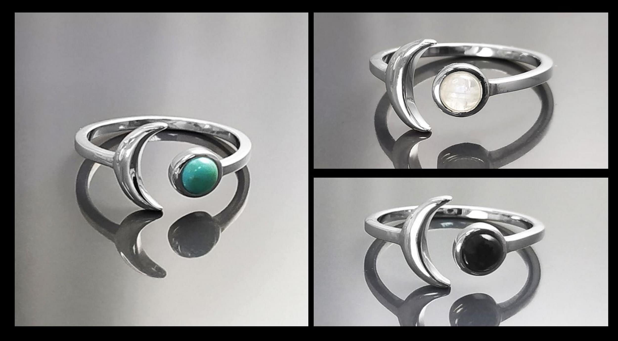 Turquoise Crescent Moon Ring, Sterling Silver, Boho Chakra Stellar Cosmic Jewelry, Lunar Open Ring, Celestial Round Blue Stone Ring