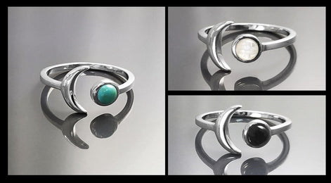 Turquoise Crescent Moon Ring, Sterling Silver, Boho Chakra Stellar Cosmic Jewelry, Lunar Open Ring, Celestial Round Blue Stone Ring