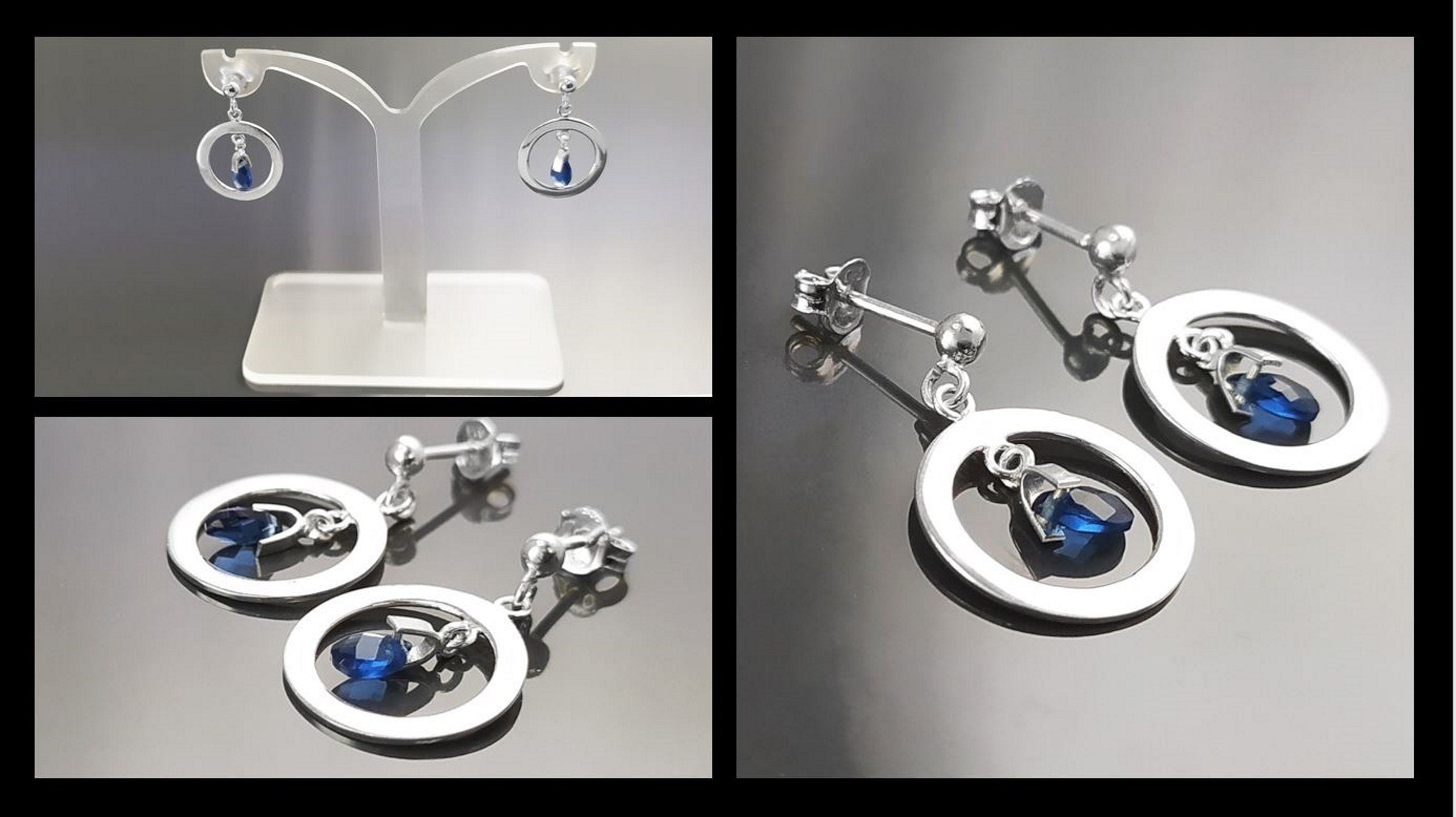 Blue Stone Earrings, sterling silver, Teardrop Blue Berry grape stones bunch Earrings, dark blueberries color, modern chain jewelry
