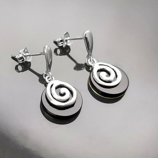 Black round earrings - Sterling Silver 925, Black Onyx Stone Dangle Earrings, Spiral Design Earrings, Modern Swirl Design Jewelry