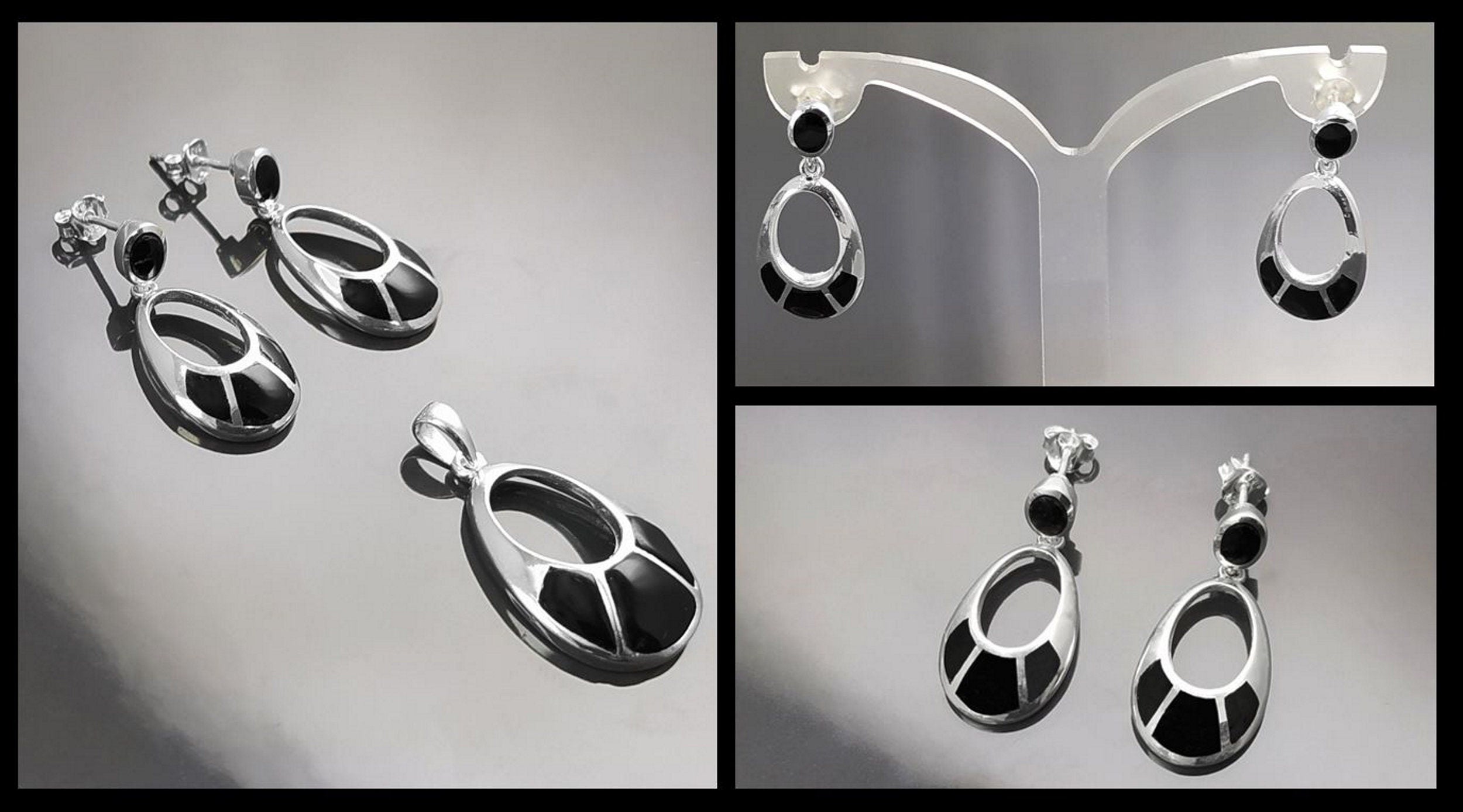 Black Stone Pendant - Sterling Silver, Oval Almond Shape Onyx , Bright Black Stones Dangle Drop Pendant , Modern Geometric Jewelry