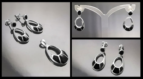 Black Stone Pendant - Sterling Silver, Oval Almond Shape Onyx , Bright Black Stones Dangle Drop Pendant , Modern Geometric Jewelry