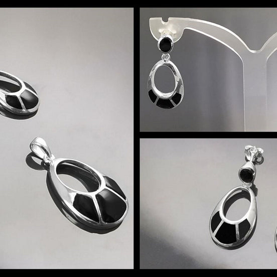 Black Stone Pendant - Sterling Silver, Oval Almond Shape Onyx , Bright Black Stones Dangle Drop Pendant , Modern Geometric Jewelry