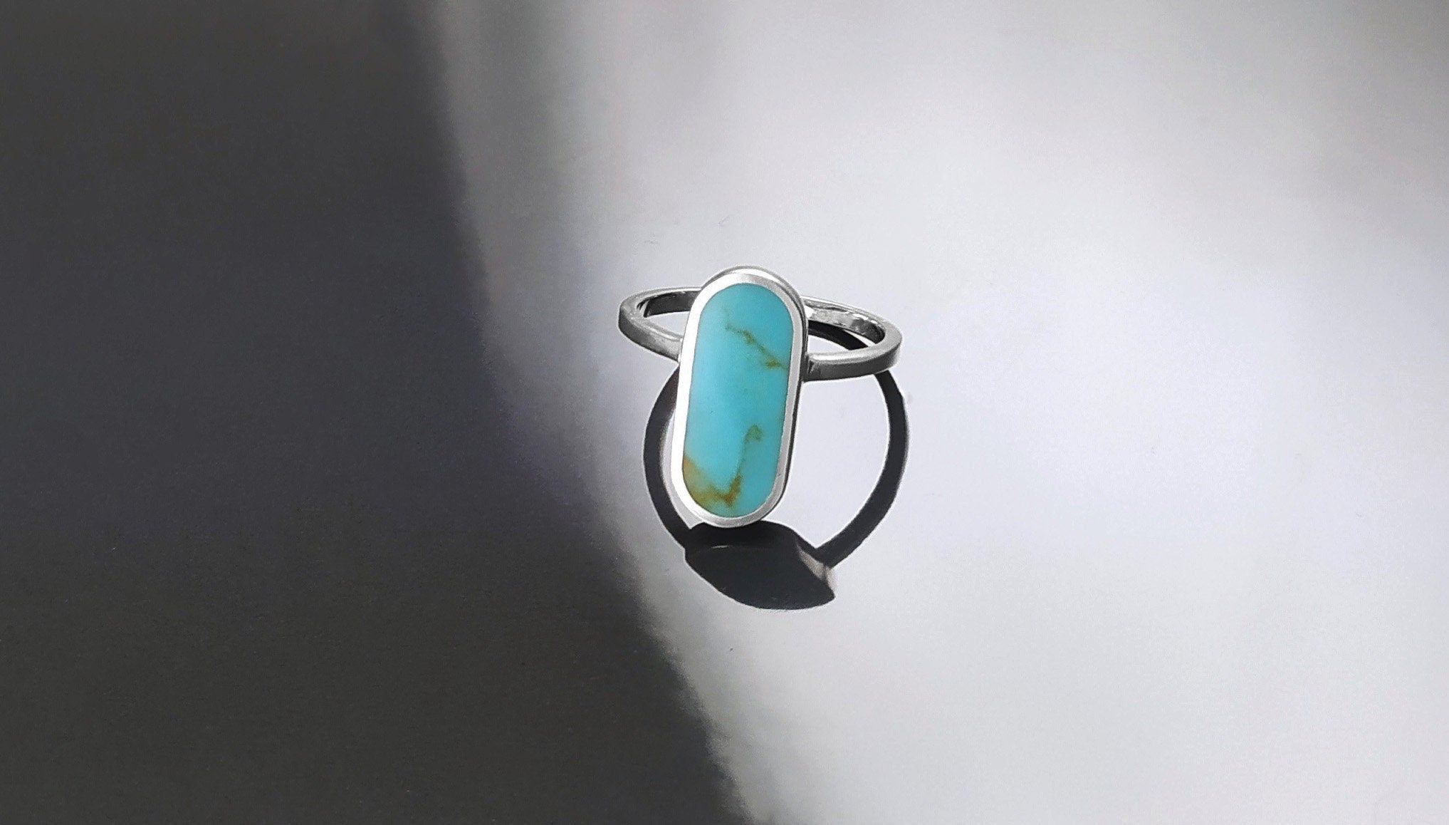 Turquoise Ring, Sterling Silver, Oval Blue Turquoise Stone, Flat Stone Ring, Minimalist Everyday Style Jewelry, Modern Gift