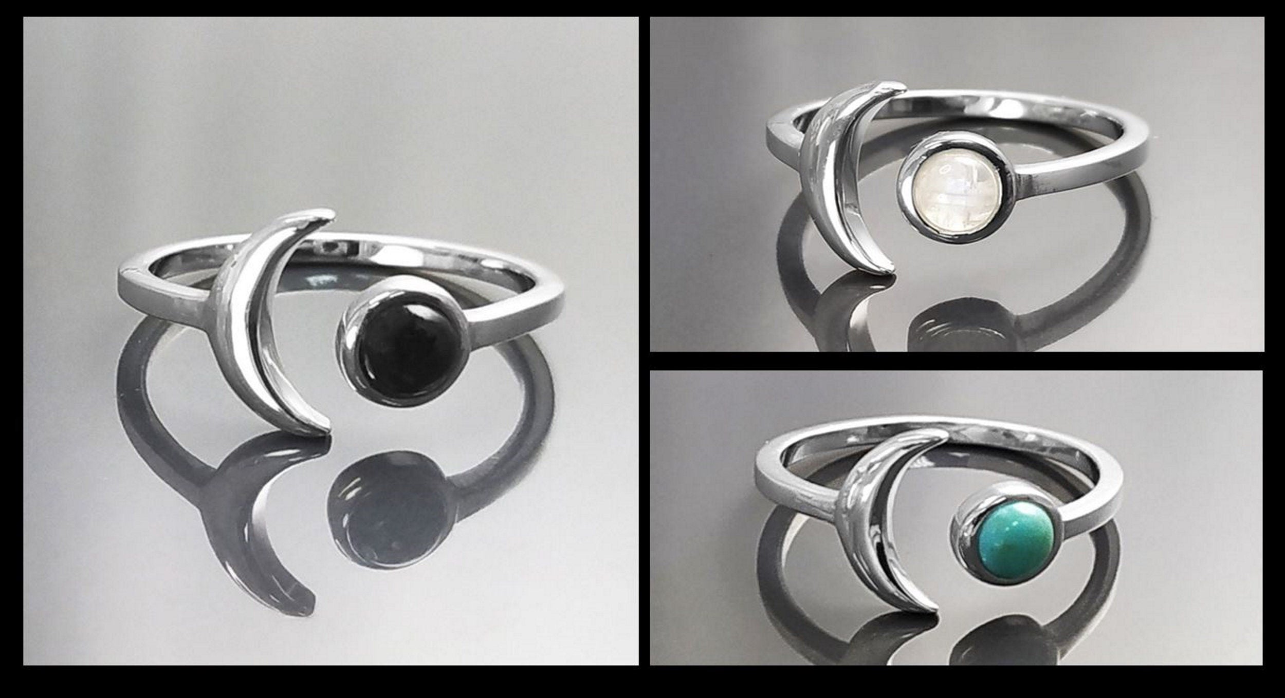 Crescent Moon Ring, Sterling Silver, Boho Chakra Stellar Cosmic Jewelry, Lunar Open Ring, Celestial Round Stone, Genuine Black Onyx Gemstone