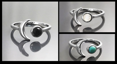 Crescent Moon Ring, Sterling Silver, Boho Chakra Stellar Cosmic Jewelry, Lunar Open Ring, Celestial Round Stone, Genuine Black Onyx Gemstone