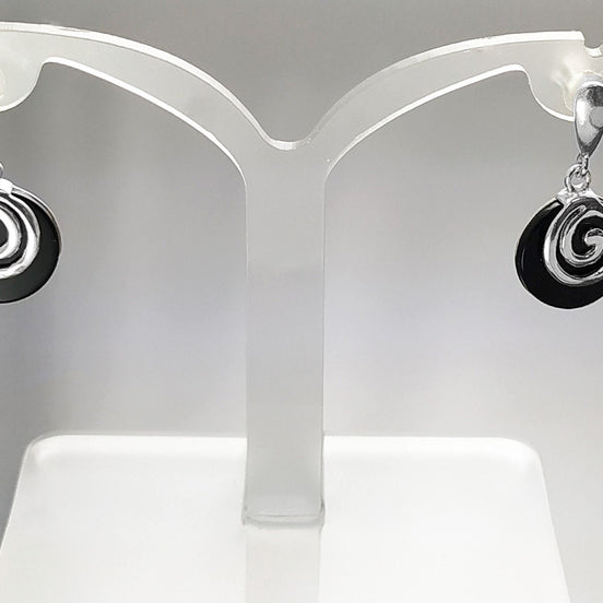 Black round earrings - Sterling Silver 925, Black Onyx Stone Dangle Earrings, Spiral Design Earrings, Modern Swirl Design Jewelry