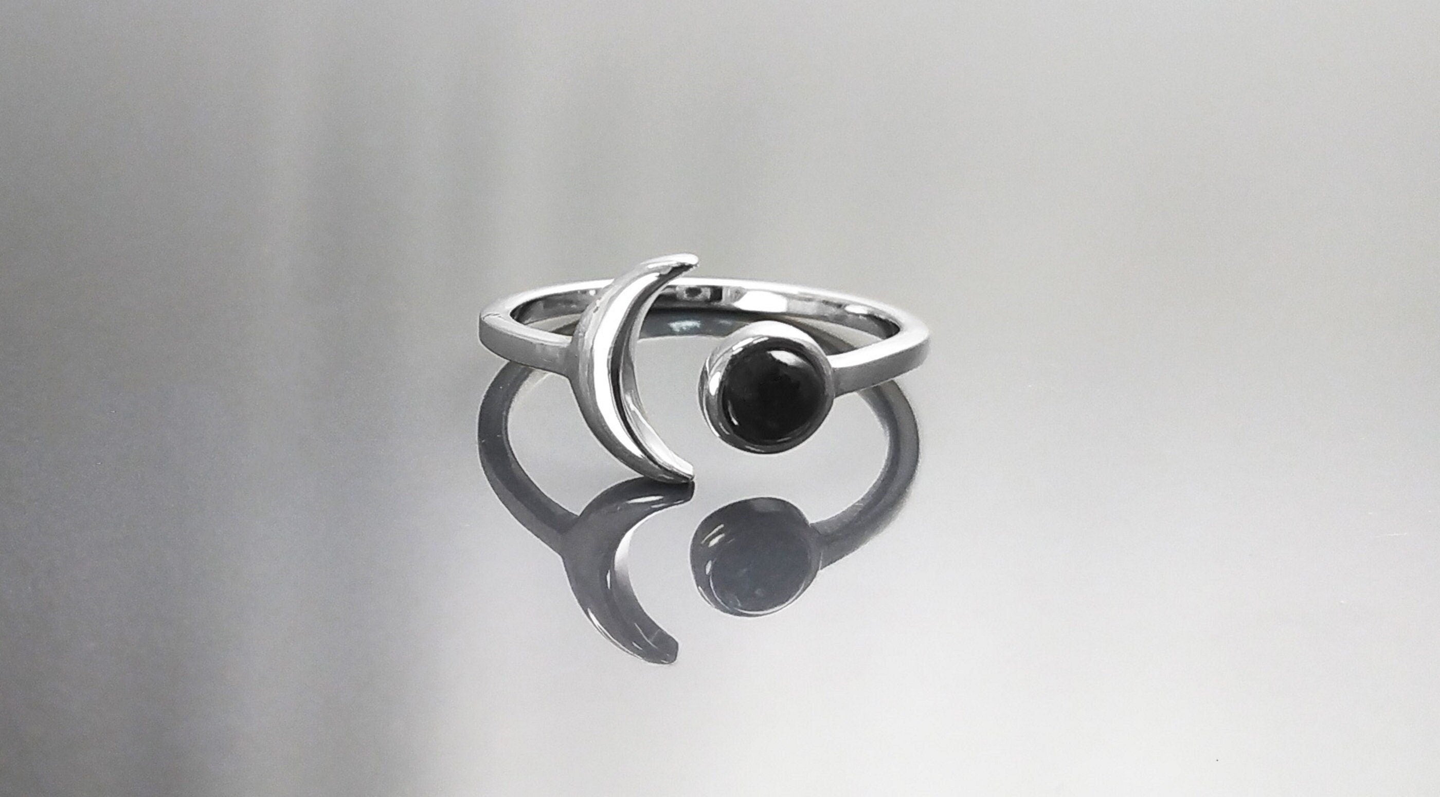 Crescent Moon Ring, Sterling Silver, Boho Chakra Stellar Cosmic Jewelry, Lunar Open Ring, Celestial Round Stone, Genuine Black Onyx Gemstone