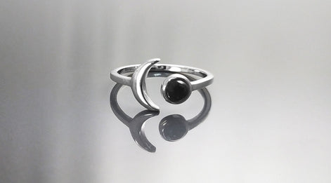 Crescent Moon Ring, Sterling Silver, Boho Chakra Stellar Cosmic Jewelry, Lunar Open Ring, Celestial Round Stone, Genuine Black Onyx Gemstone