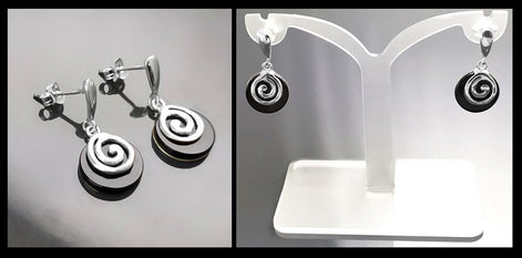 Black round earrings - Sterling Silver 925, Black Onyx Stone Dangle Earrings, Spiral Design Earrings, Modern Swirl Design Jewelry