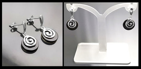 Black Round Earrings and Pendant - Sterling Silver 925, Black Onyx Stone, Spiral Design Silver Jewelry set, Modern Swirl Design Jewelry