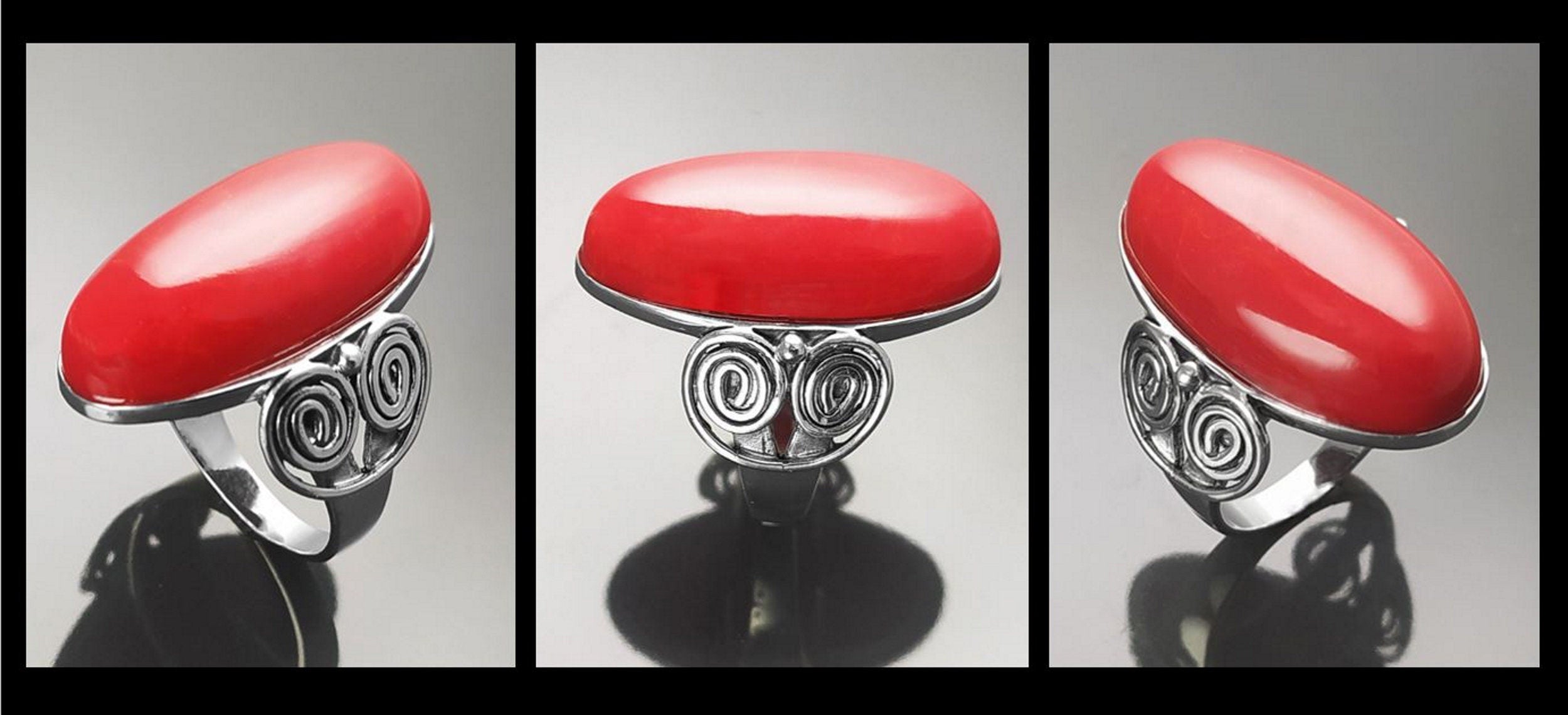 La bague est présentée sous trois angles différents sur fond gris.
Bague en argent ornée d'une grosse pierre rouge vif de forme ovale. La bague présente un motif tourbillonnant décoratif sur les côtés créant un bijou audacieux.
La bague est facile à porter, et se marie très bien avec les vêtements au quotidien. Vu de face e tde côté.
Le meilleur du local : fait main, durable. Boutique fiable, milliers d'avis.
KRAMIKE est une marque de Bijoux de très bonne qualité avec un service clients