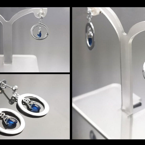 Blue Stone Earrings, sterling silver, Teardrop Blue Berry grape stones bunch Earrings, dark blueberries color, modern chain jewelry