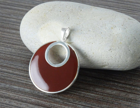 Red Enamel Moon Pendant by KRAMIKE • Sterling Silver • Statement Modern Circular Design Necklace for Everyday • Elegant Gift for Her • KP489
