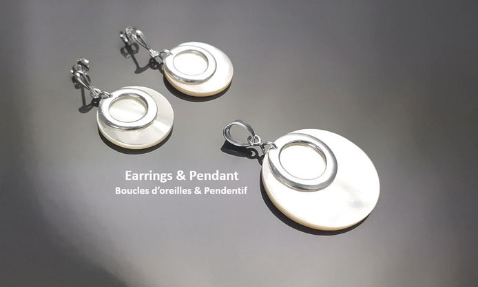 Round Shell Earrings and Pendant SET, Sterling Silver, White MOP Mother of Pearl Flat Disc Necklace Set, Geometric Stone Jewelry