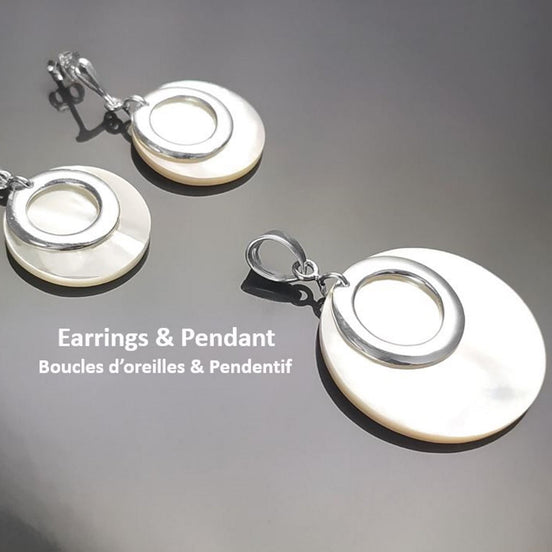 Round Shell Earrings and Pendant SET, Sterling Silver, White MOP Mother of Pearl Flat Disc Necklace Set, Geometric Stone Jewelry