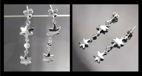 Trend Stars Earrings, Sterling Silver, Dangle Flat Star, Universe Cluster of Stars, Starry Constellation Jewelry, Cosmos Theme Shooting Star