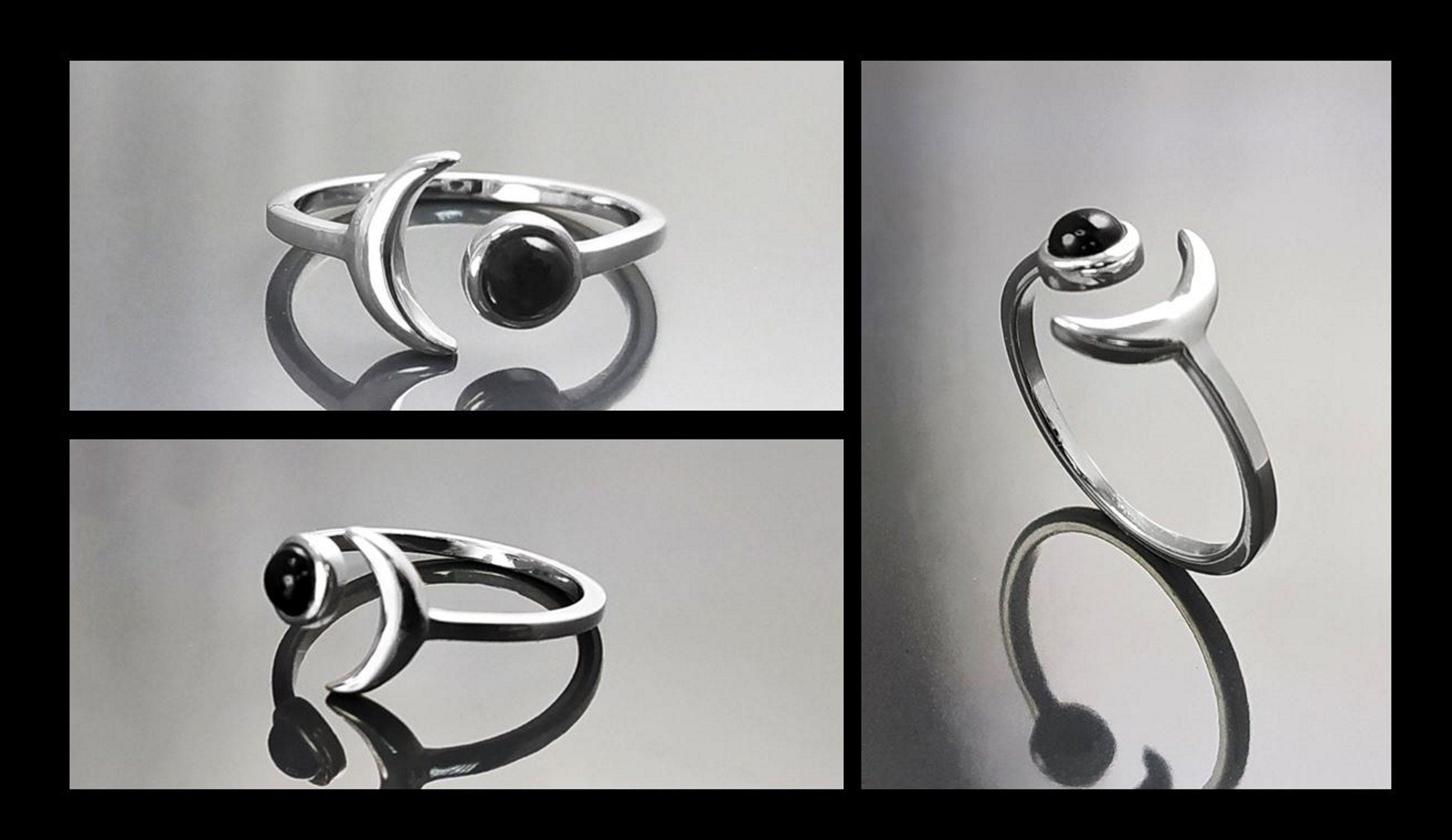 Crescent Moon Ring, Sterling Silver, Boho Chakra Stellar Cosmic Jewelry, Lunar Open Ring, Celestial Round Stone, Genuine Black Onyx Gemstone