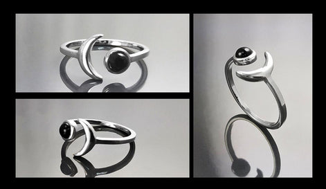 Crescent Moon Ring, Sterling Silver, Boho Chakra Stellar Cosmic Jewelry, Lunar Open Ring, Celestial Round Stone, Genuine Black Onyx Gemstone