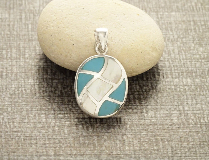 Turquoise Pendant, Sterling Silver, Blue Oval Stone Necklace, White Mother of Pearl Shell, Modern Geometric Checkered Jewelry