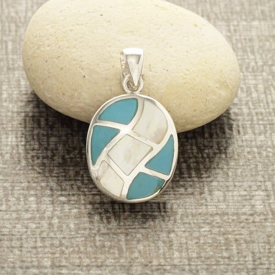 Turquoise Pendant, Sterling Silver, Blue Oval Stone Necklace, White Mother of Pearl Shell, Modern Geometric Checkered Jewelry