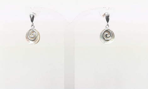 White round earrings, Sterling Silver, Genuine Mother of Pearl Shell Stone, Spiral Design Dangle Earrings, Modern Swirl Design Jewelry