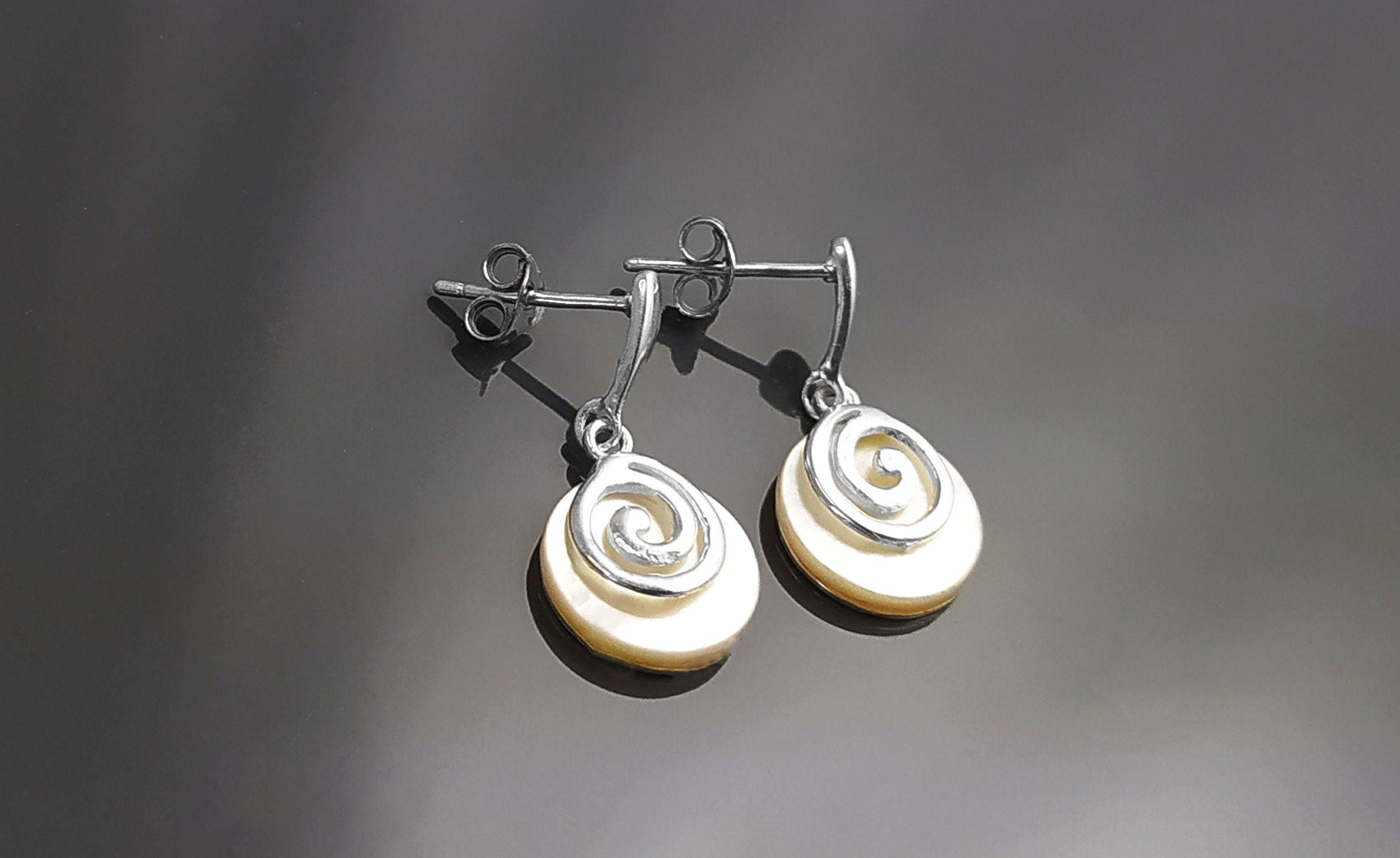 White round earrings, Sterling Silver, Genuine Mother of Pearl Shell Stone, Spiral Design Dangle Earrings, Modern Swirl Design Jewelry