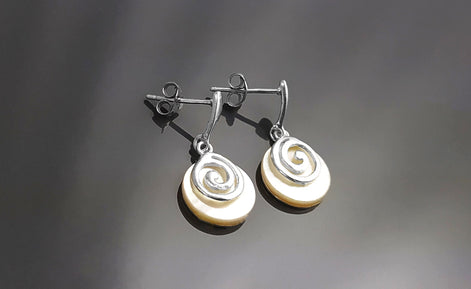 White round earrings, Sterling Silver, Genuine Mother of Pearl Shell Stone, Spiral Design Dangle Earrings, Modern Swirl Design Jewelry