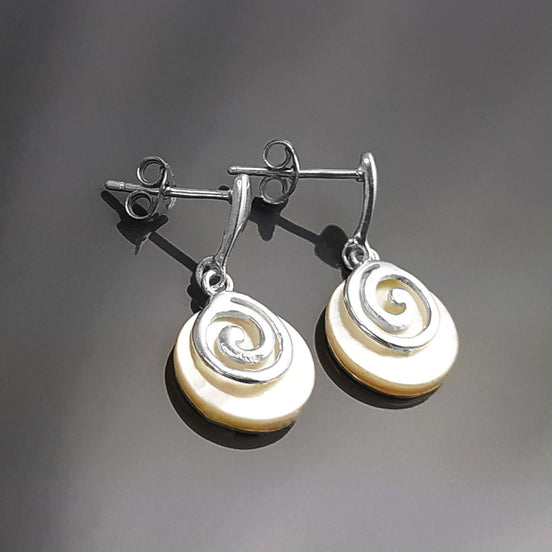 White round earrings, Sterling Silver, Genuine Mother of Pearl Shell Stone, Spiral Design Dangle Earrings, Modern Swirl Design Jewelry