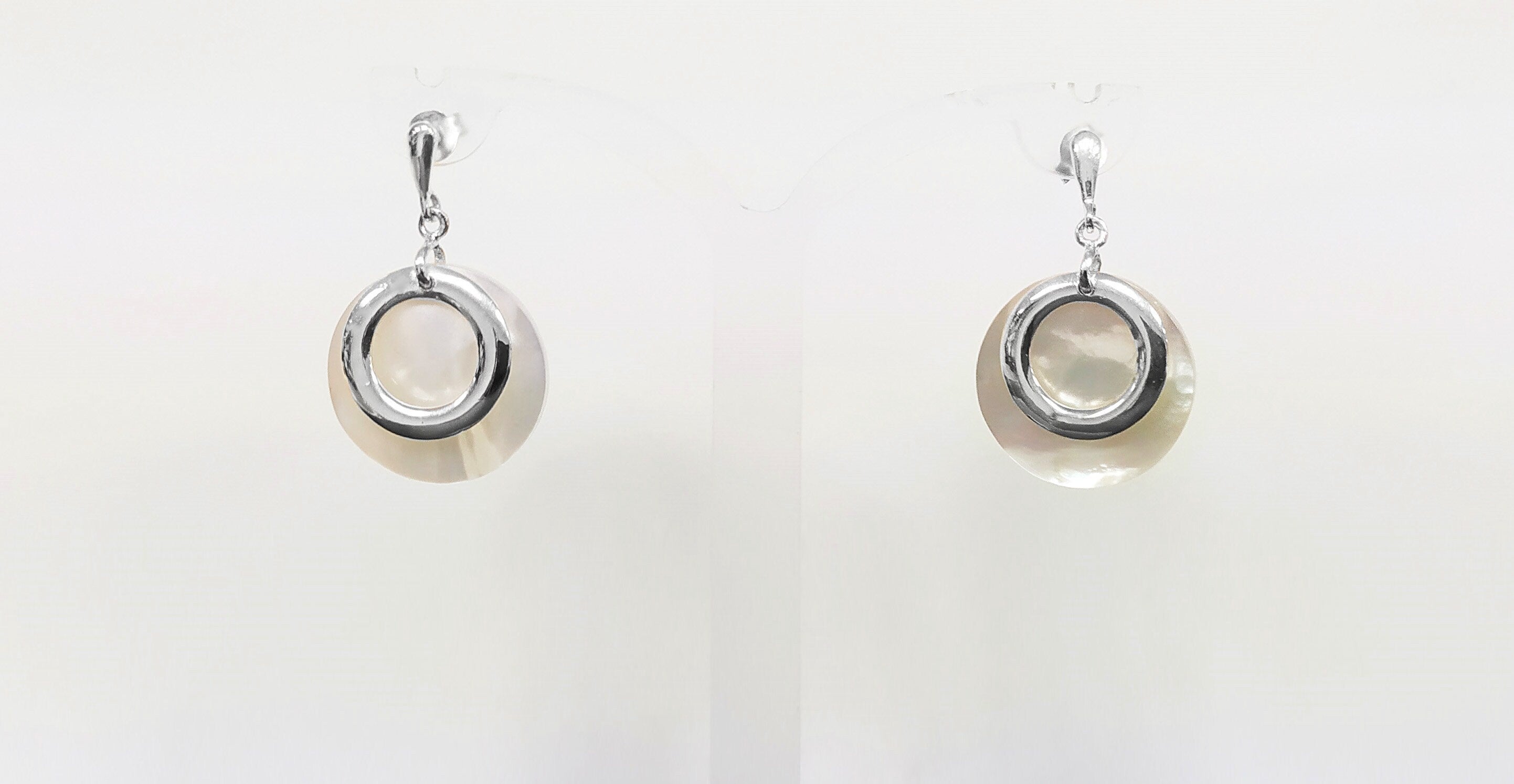 Round Shell Earrings and Pendant SET, Sterling Silver, White MOP Mother of Pearl Flat Disc Necklace Set, Geometric Stone Jewelry